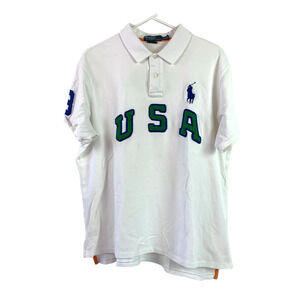 Polo Ralph Lauren USA Felt Spellout Pony White Custom Fit Rugby Polo Shirt XXL